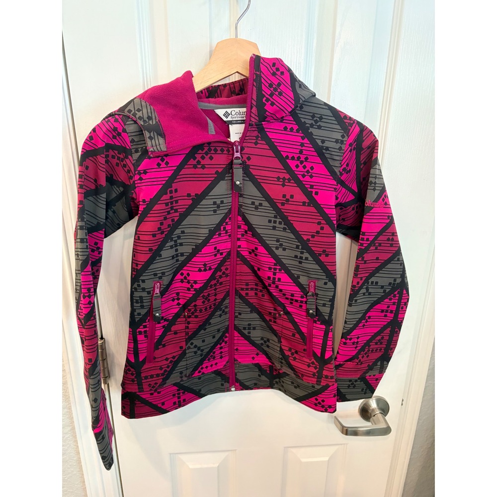 Columbia Softshell Jacket Pink Grey Geometric Omni-Shield Hooded Fleece Lined L